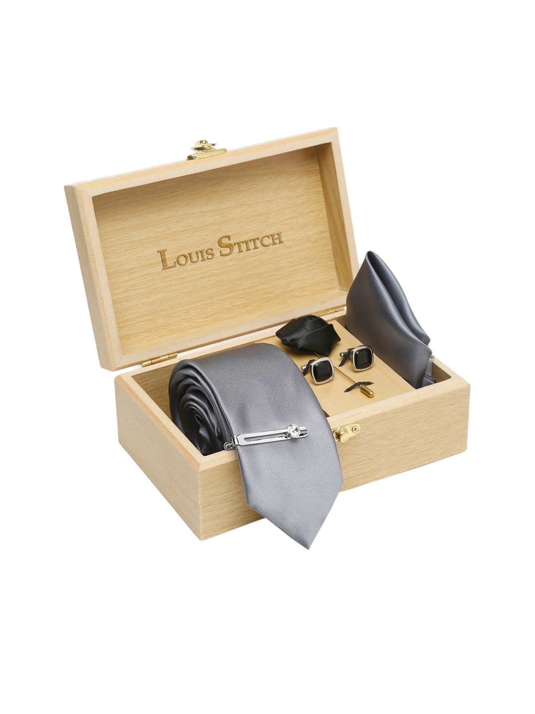 LOUIS STITCH Men Grey & Silver-Toned Solid Italian Silk Accessory Gift Set