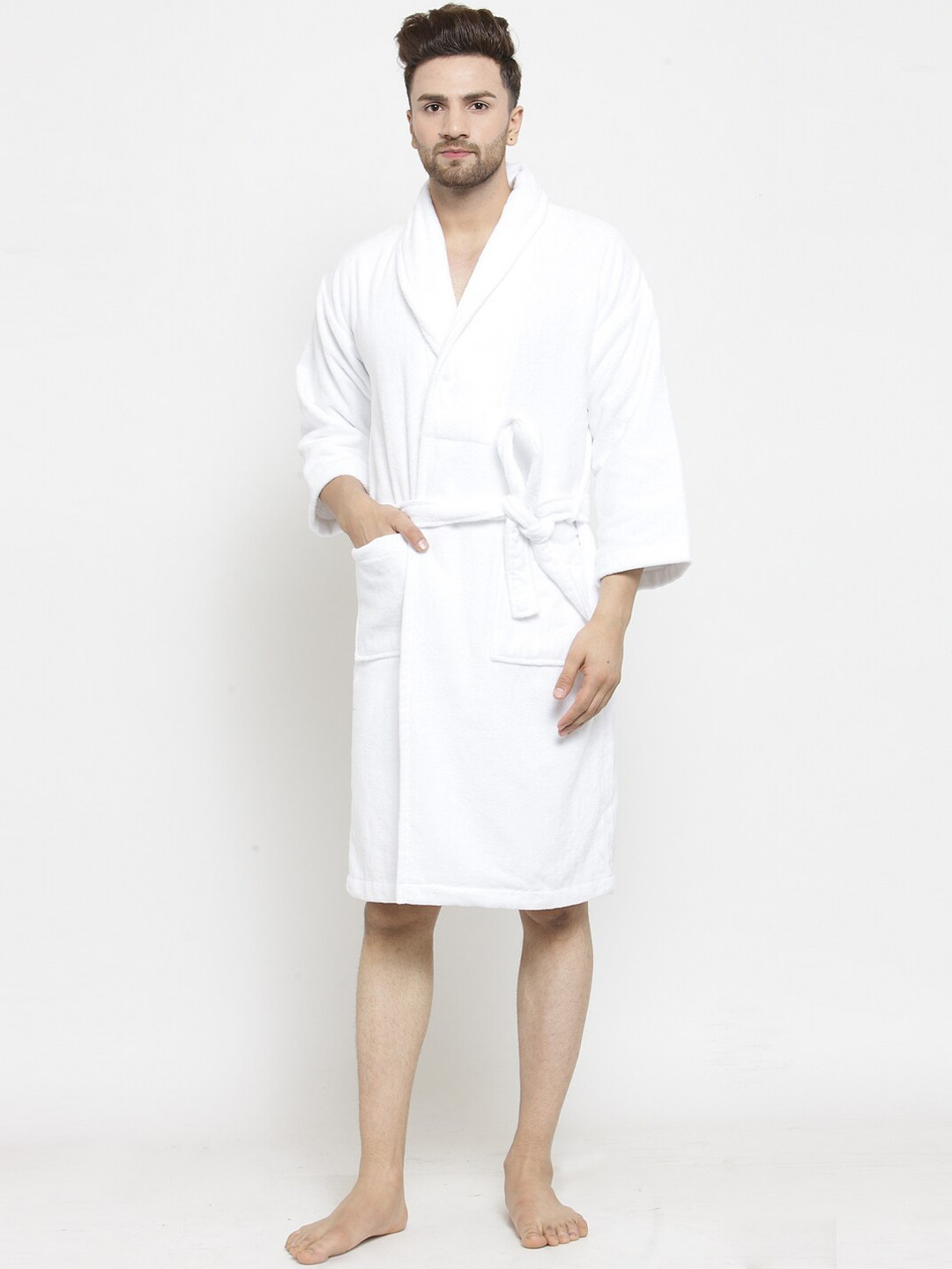 MYTRIDENT Comfort Living White Solid Cotton Drawstring Knee Length Bath Robe-M