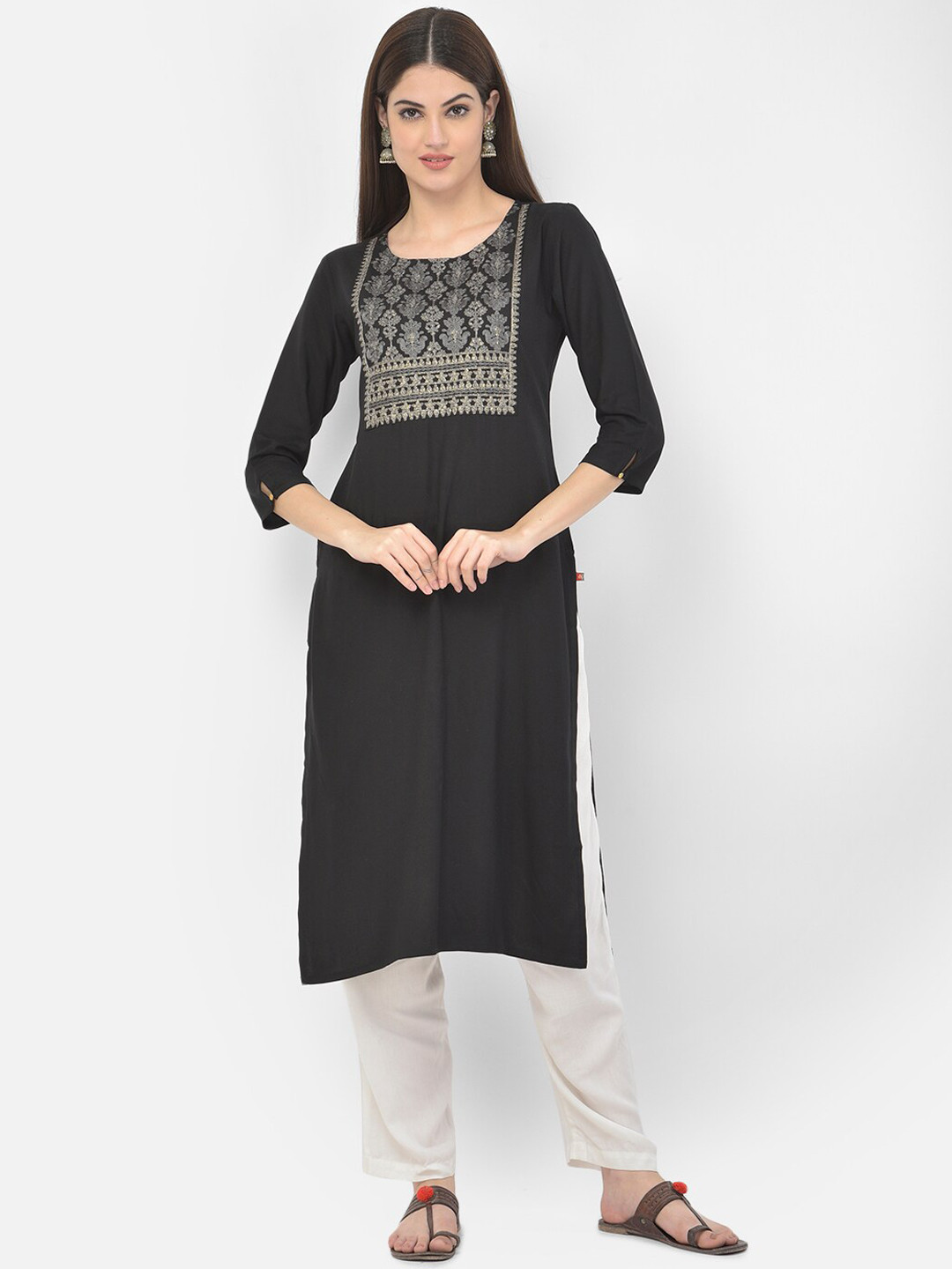 Span Women Black Ethnic Motifs Yoke Design Cotton Kurta