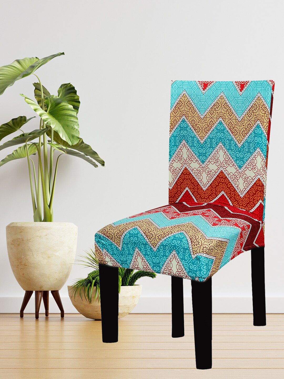 HOUSE OF QUIRK Blue & Red Printed Stretch Removable Chair Cover