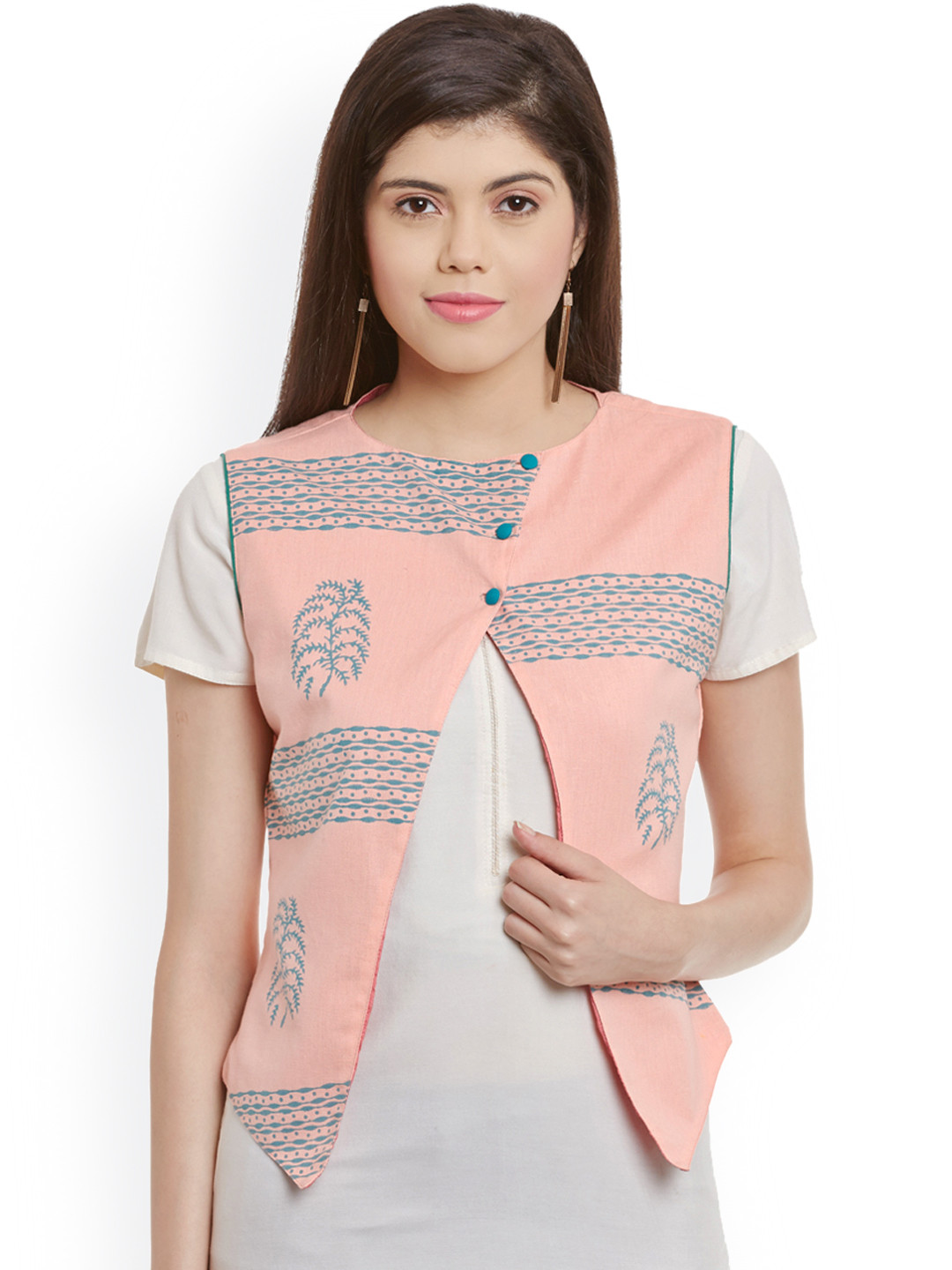 Bitterlime Peach-Coloured Block Print Waistcoat