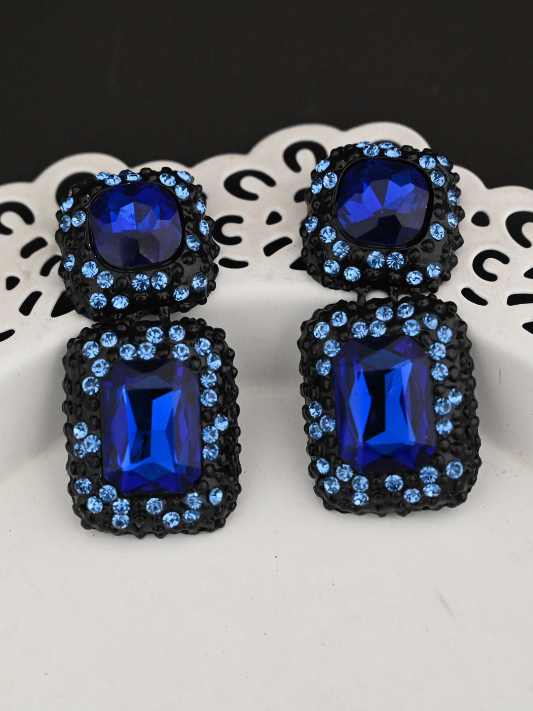 justpeachy Blue-Toned Geometric CZ-Studded Drop Earrings