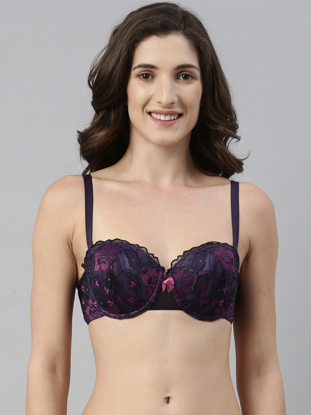 Enamor Padded Wired Medium Coverage Curve Frame and Lace Detailing Balconette Bra
