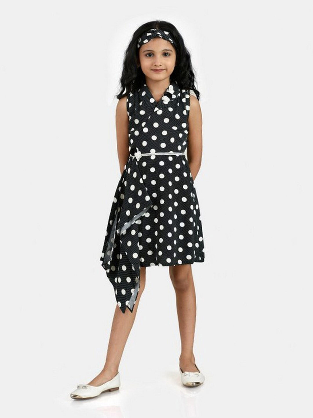 Peppermint Girls Black Chiffon Polka Dot PrintedDress