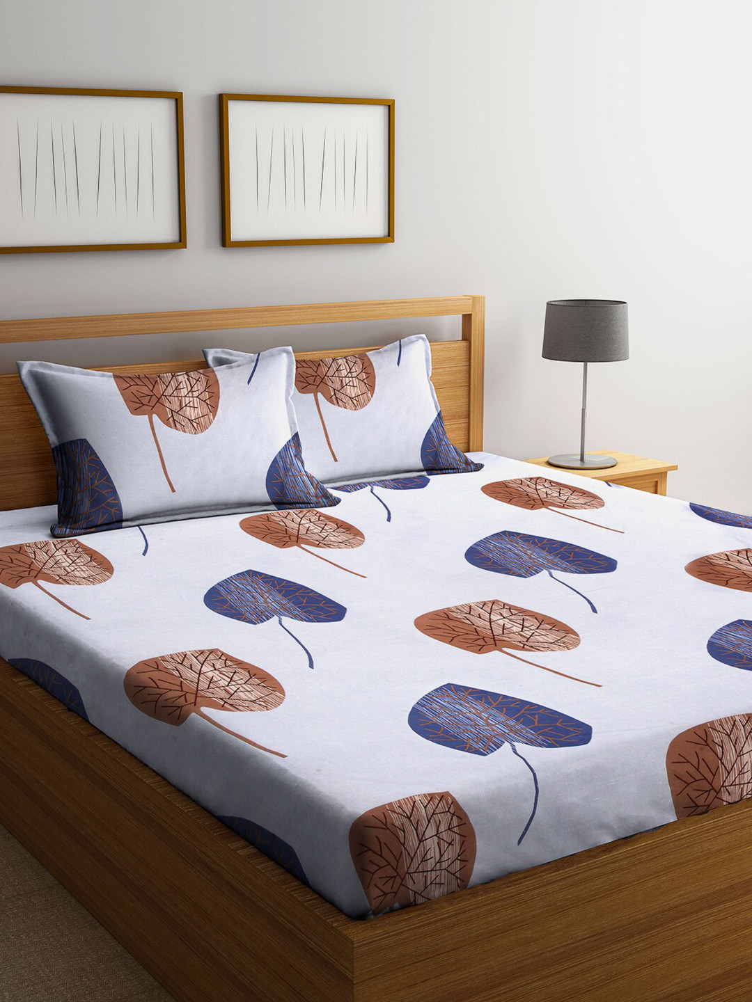 Arrabi Blue Leaf Cotton 300 TC Fitted Double Fine Bedsheet with 2 Pillow Covers-98 x 89 inches