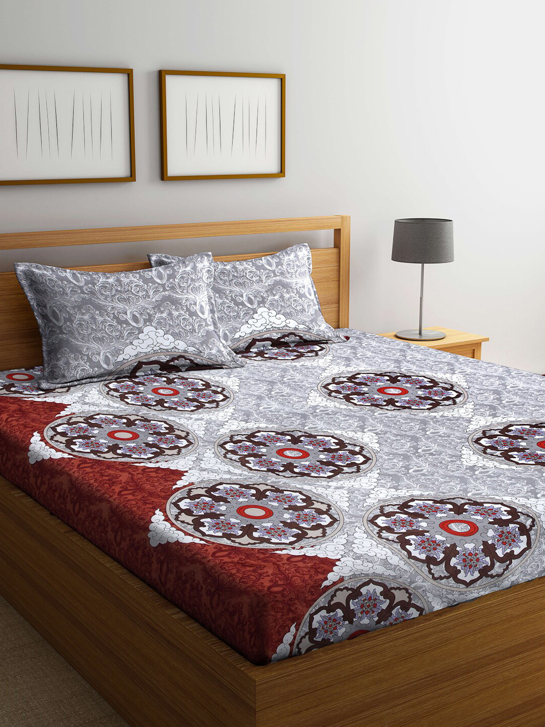 Arrabi Anokhi Grey Ethnic Motifs Cotton Skin-Friendly 300 TC King Fine Bedsheet with 2 Pillow Covers-250 x 220 cm