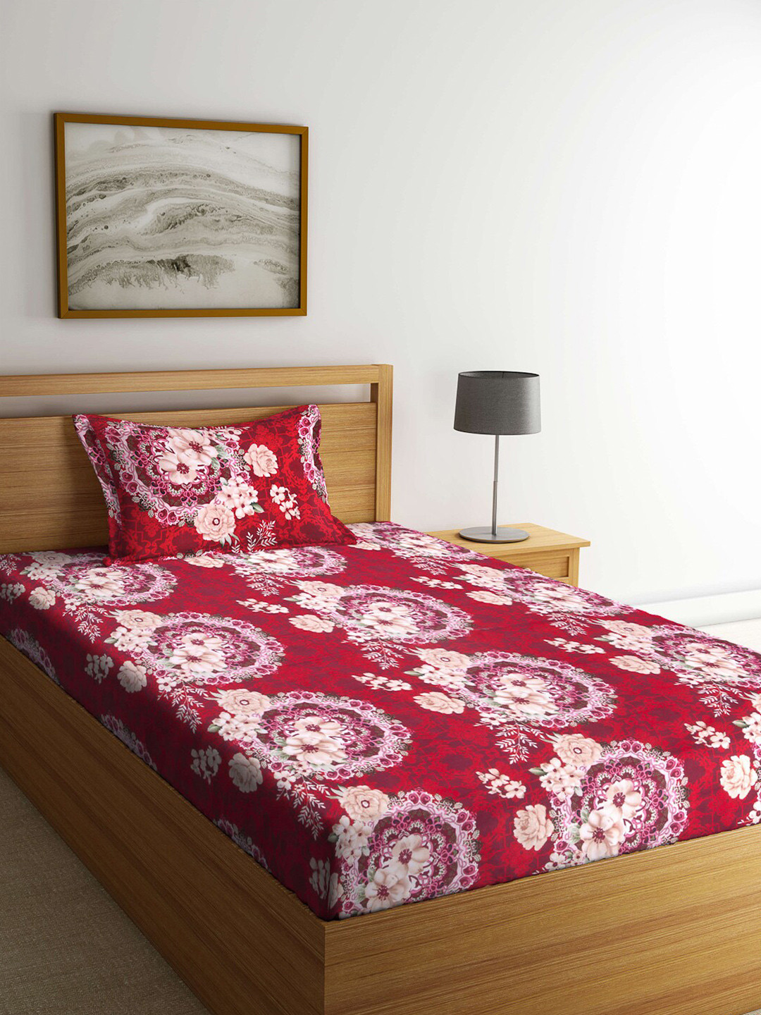 Arrabi Anokhi Red Floral Cotton 300 TC Single Fine Bedsheet with a Pillow Cover-220 x 150 cm