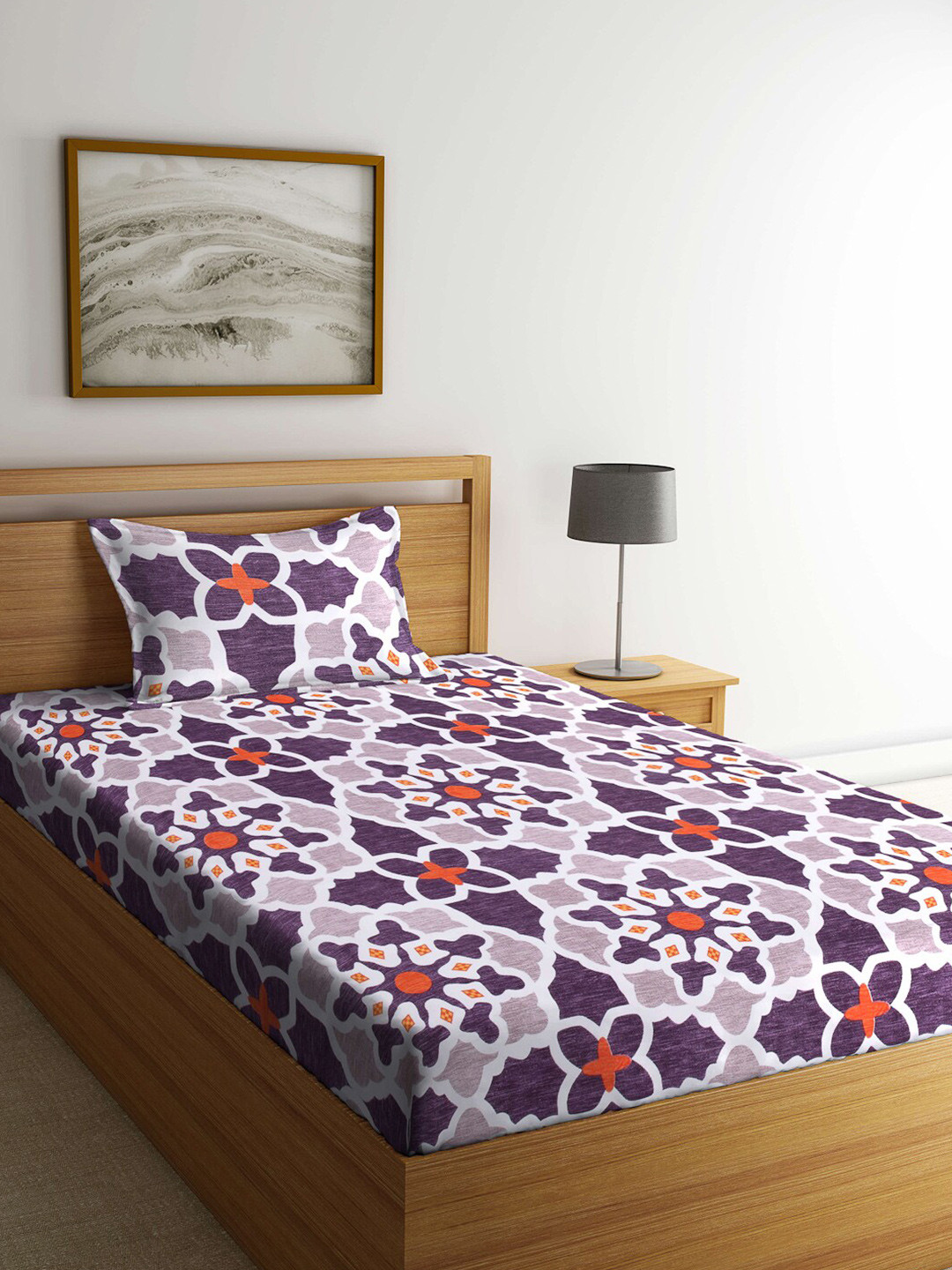 Arrabi Violet Floral Cotton 300 TC Single Fine Bedsheet with a Pillow Cover-87 x 59 inches