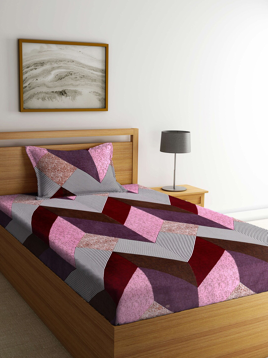 Arrabi Purple Geometric Cotton 130 TC Single Fine Bedsheet with a Pillow Cover-87 x 59 inches
