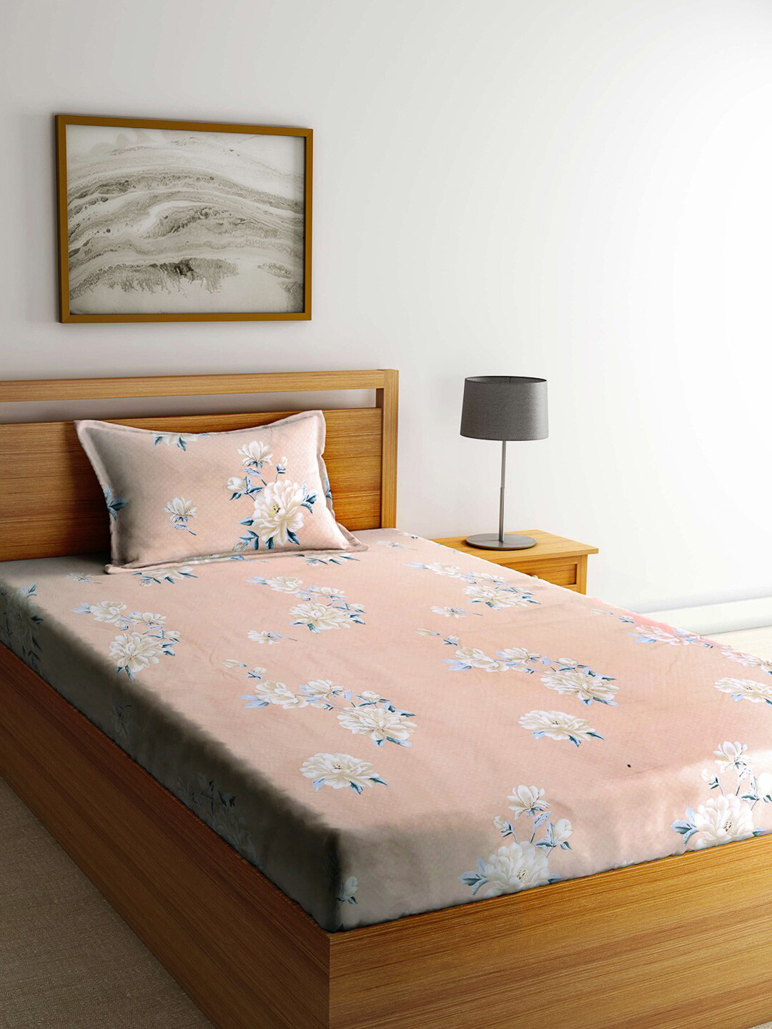 Arrabi Peach Floral Cotton Skin-Friendly 130 TC Single Bedsheet with a Pillow Cover-220 x 150 cm