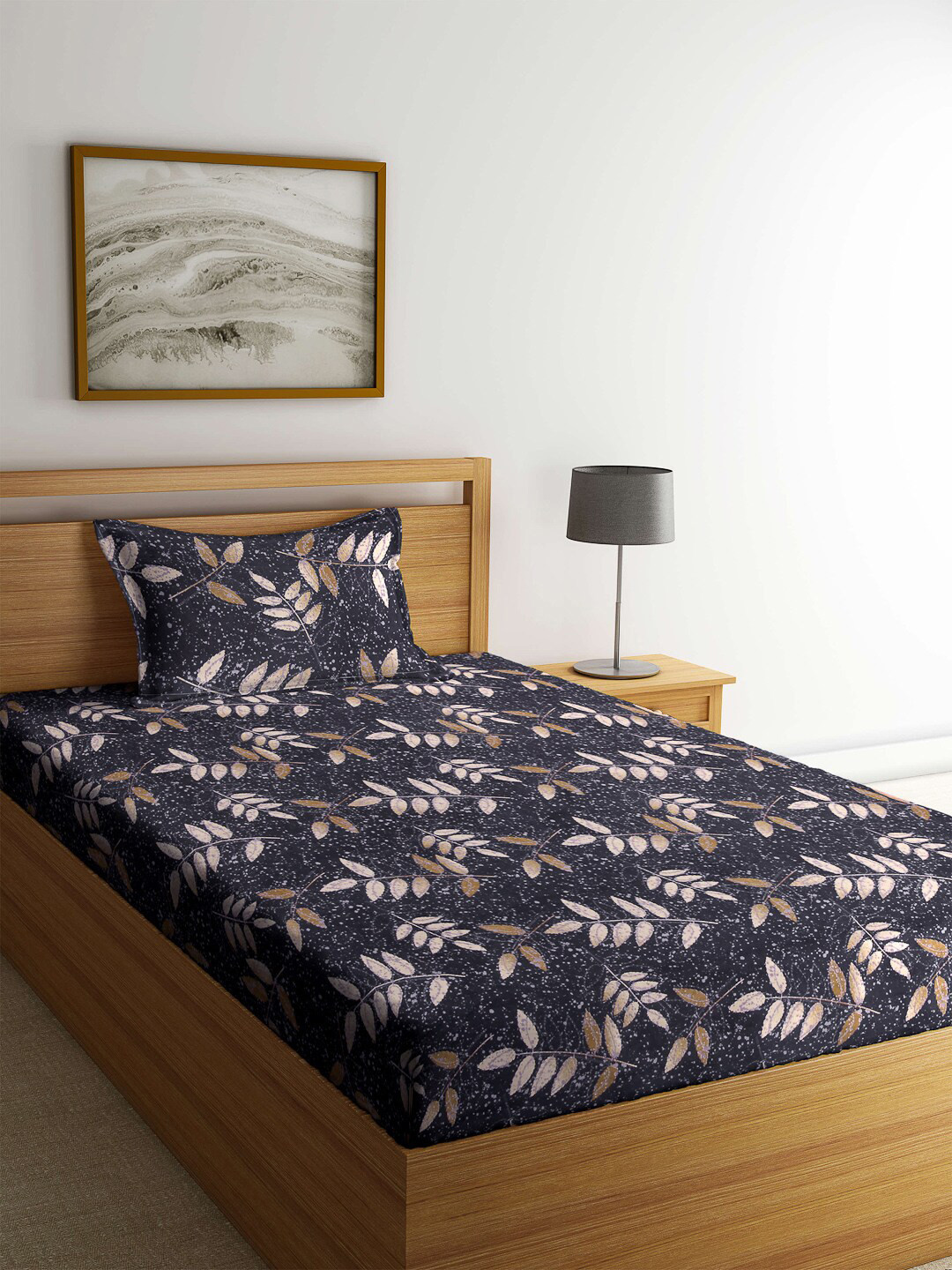 Arrabi Black Leaf Polycotton Skin-Friendly 130 TC Single Bedsheet with a Pillow Cover-87 x 59 inches