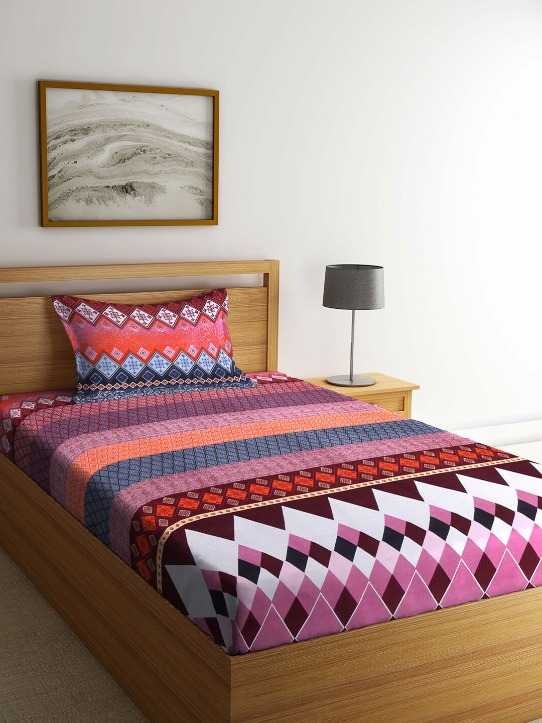 Arrabi Magenta Geometric Polycotton 130 TC Single Bedsheet with a Pillow Cover-87 x 59 inches