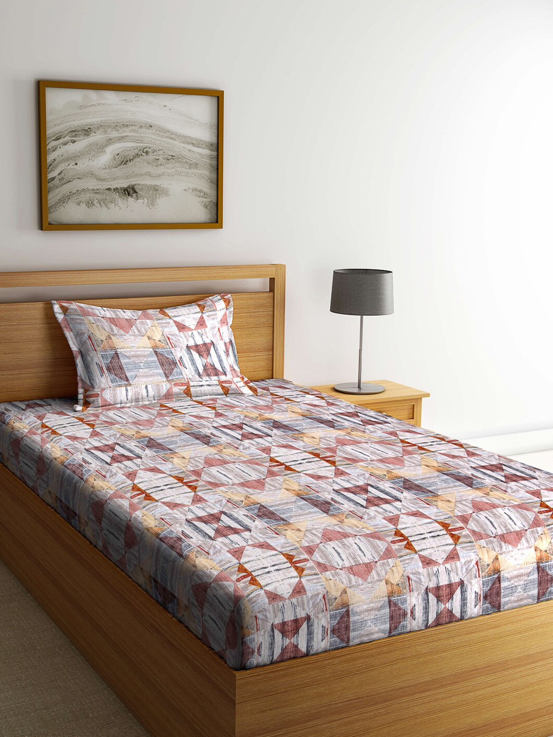 Arrabi White Geometric Polycotton 130 TC Single Fine Bedsheet with a Pillow Cover-60 x 90 inches