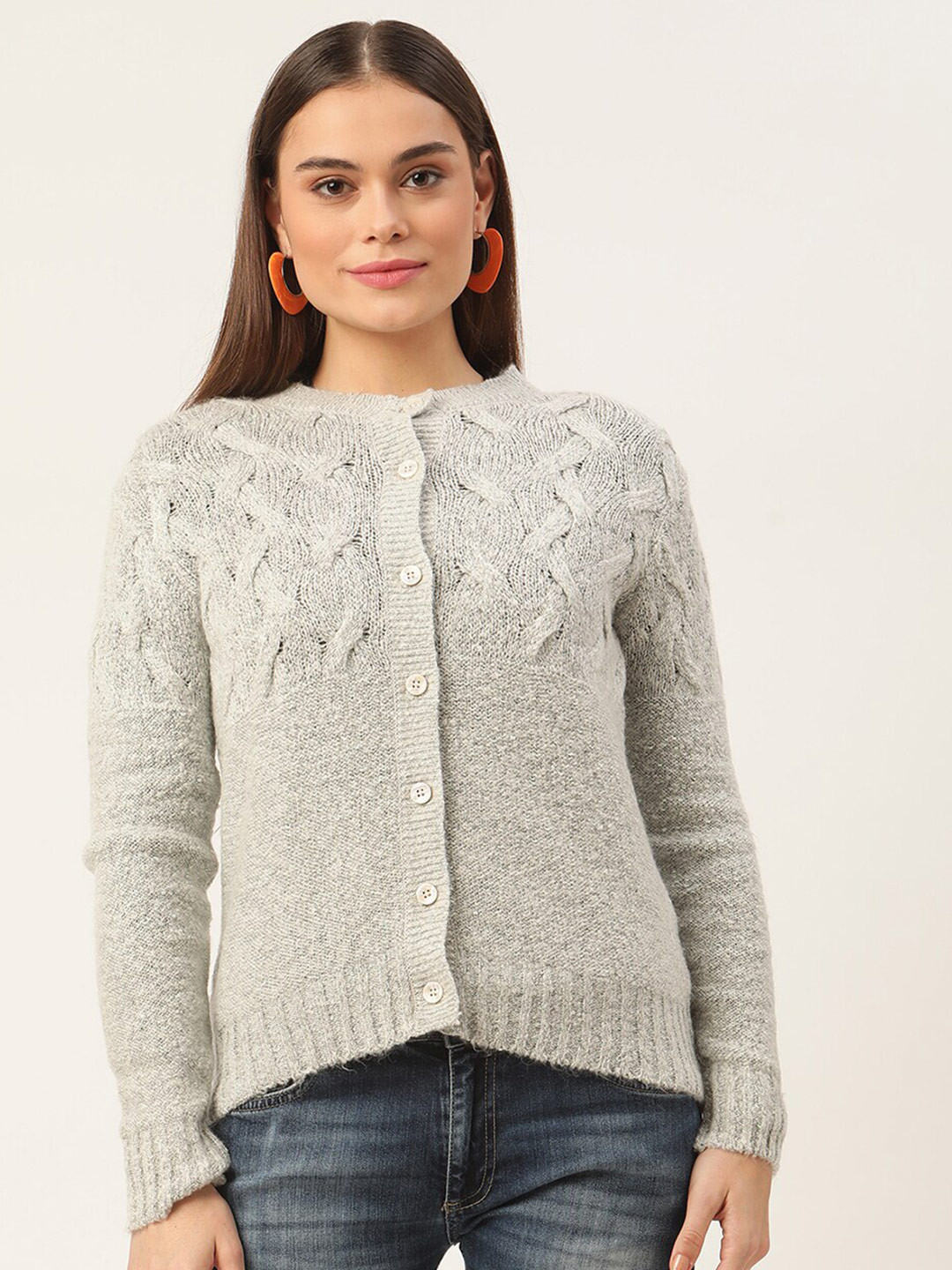 ROOTED Women Grey Cable Knit Front-Open