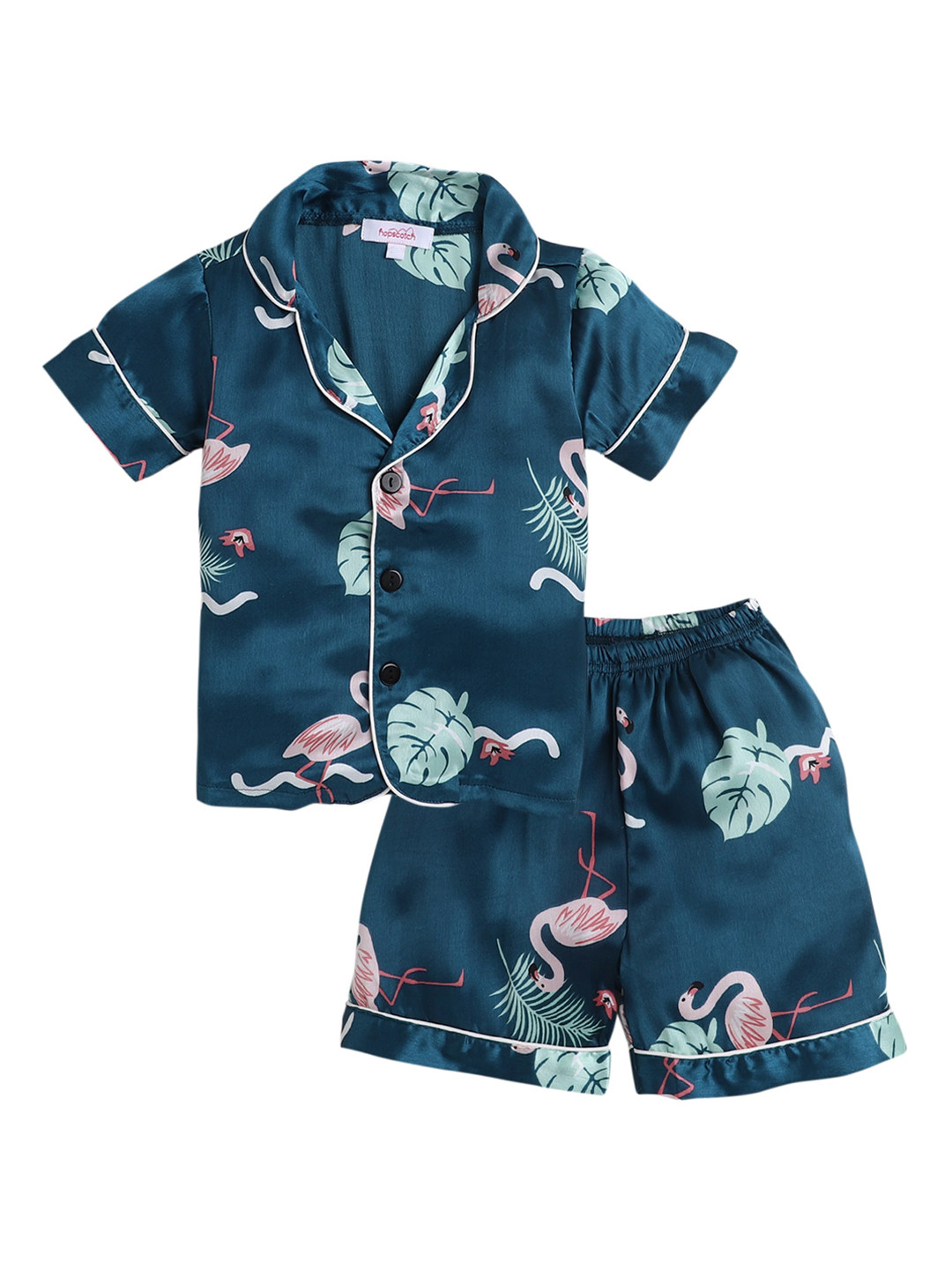 Hopscotch Girls Green & Pink Printed Night suit