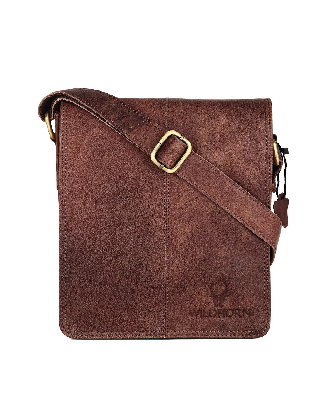 WildHorn Men Brown & Gold-Toned Leather Messenger Bag