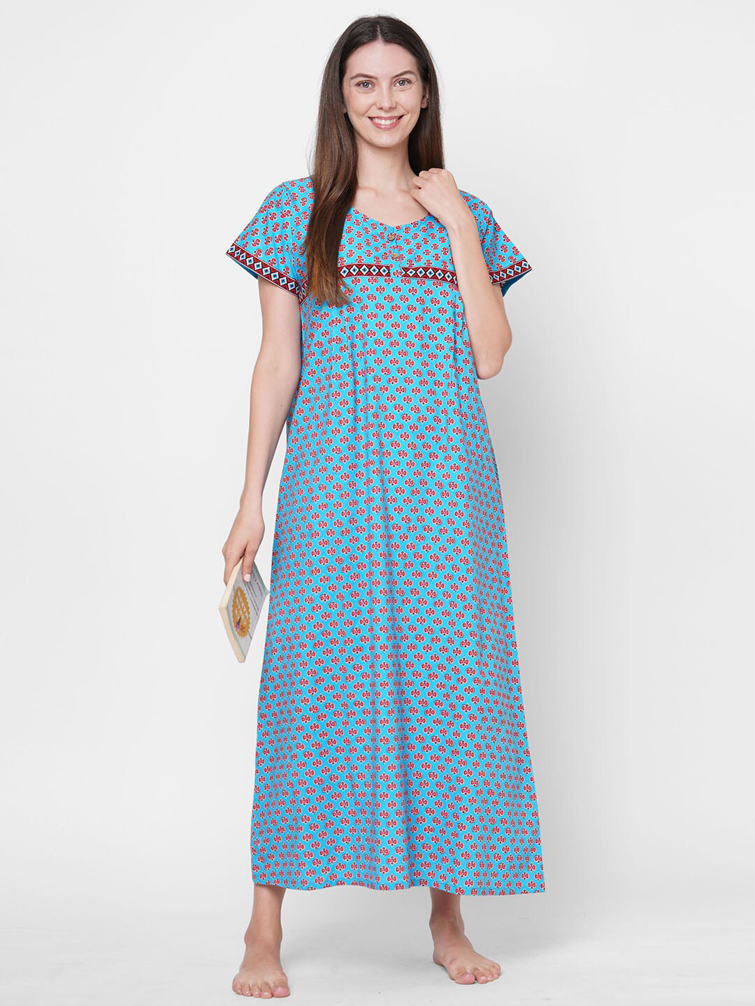 evolove Turquoise Blue Checked Maxi Nightdress