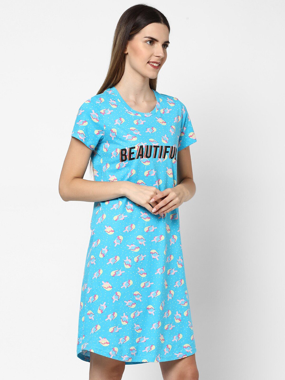 evolove Blue Printed Knee Length Pure Cotton Nightdress
