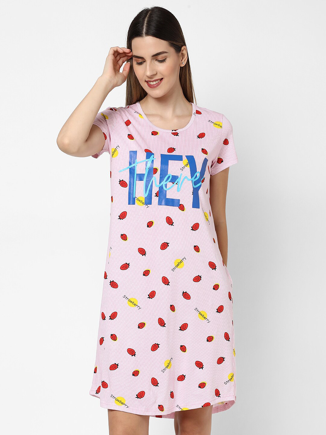 evolove Pink Printed Knee Length Pure Cotton Nightdress