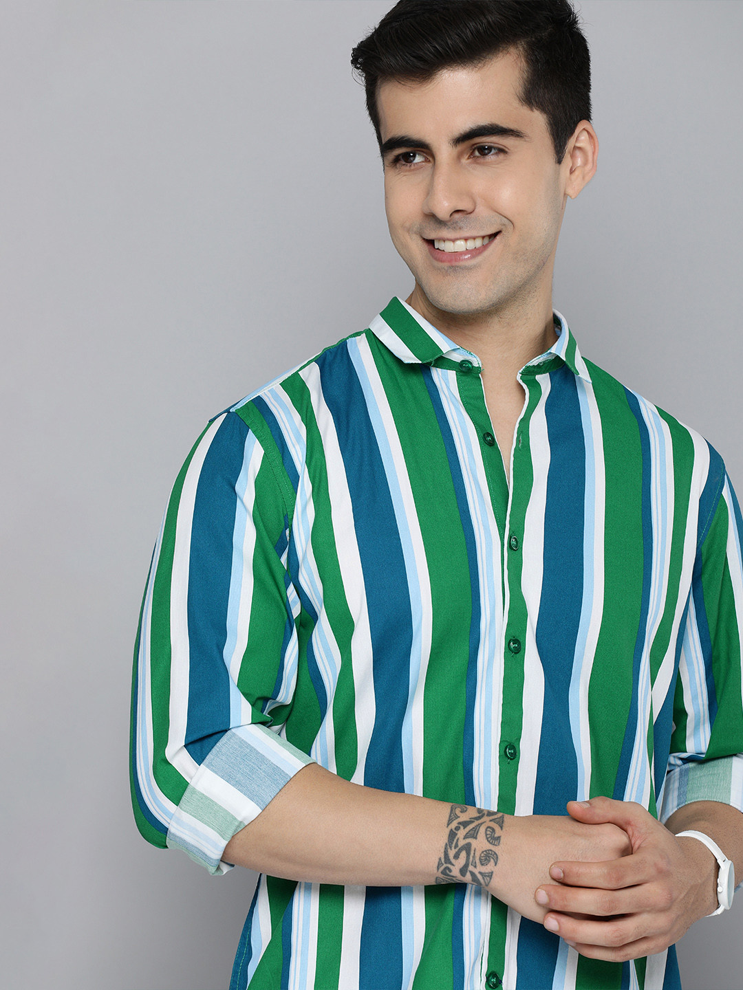 Mast & Harbour Men Green And Teal Blue Slim Fit Striped Pure Cotton Casual Shirt