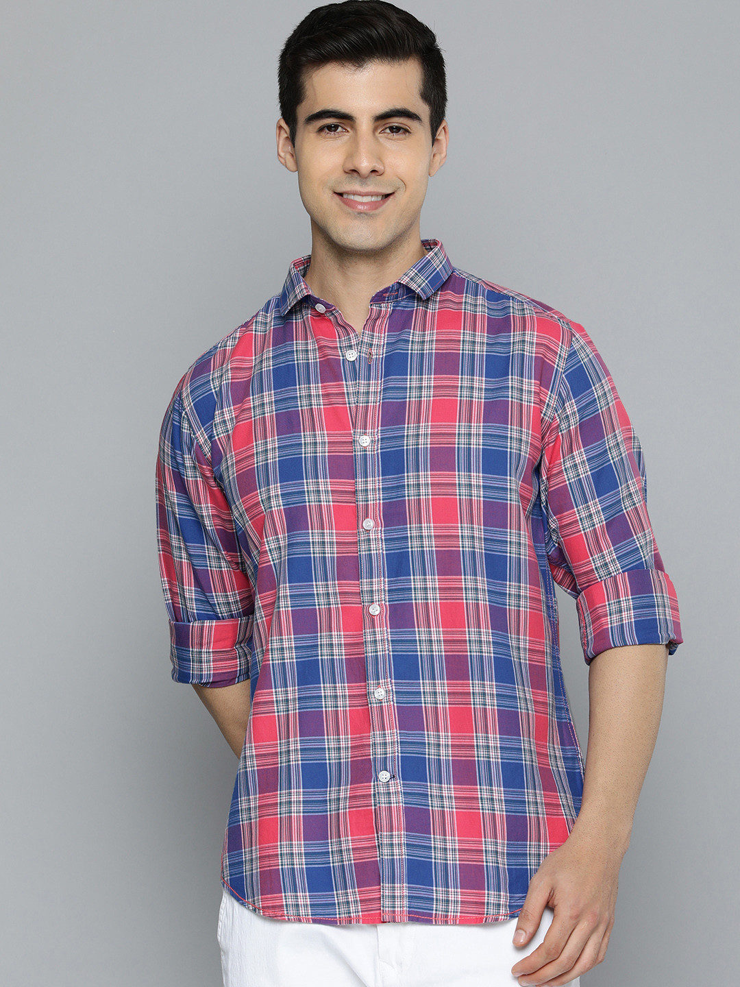 Mast & Harbour Men Blue And Coral Pink Slim Fit Checked Cotton Casual Shirt