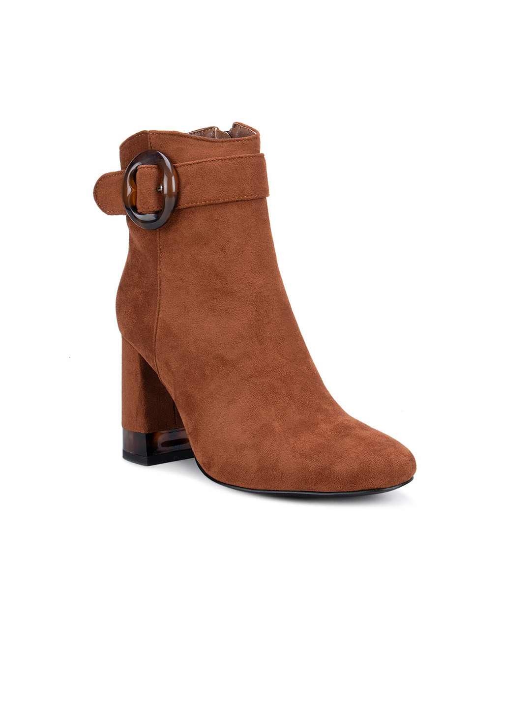 ROSSO BRUNELLO Brown Suede High-Top Block Heeled Boots with Buckles