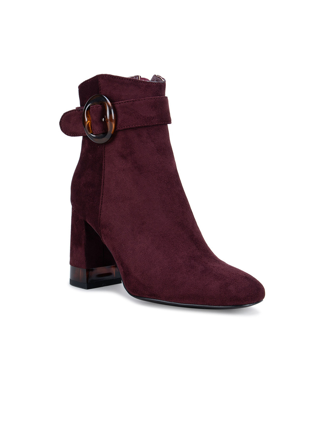 ROSSO BRUNELLO Burgundy Suede High-Top Block Heeled Boots with Buckles
