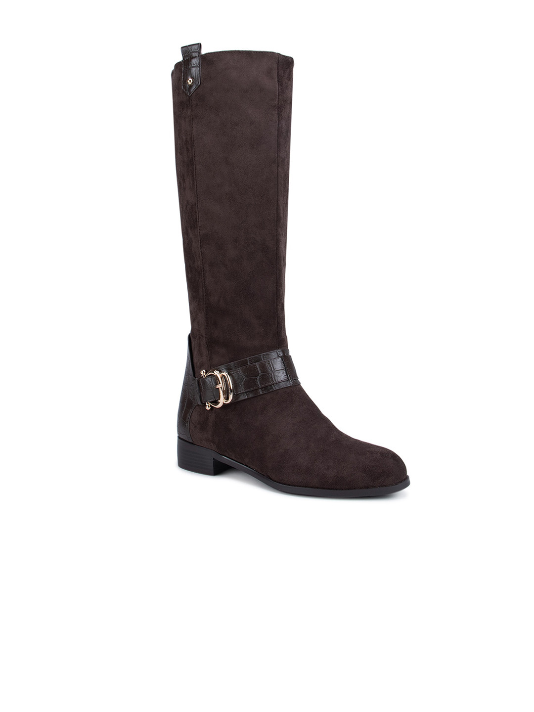 ROSSO BRUNELLO Coffee Brown Suede High-Top Block Heeled Boots with Buckles