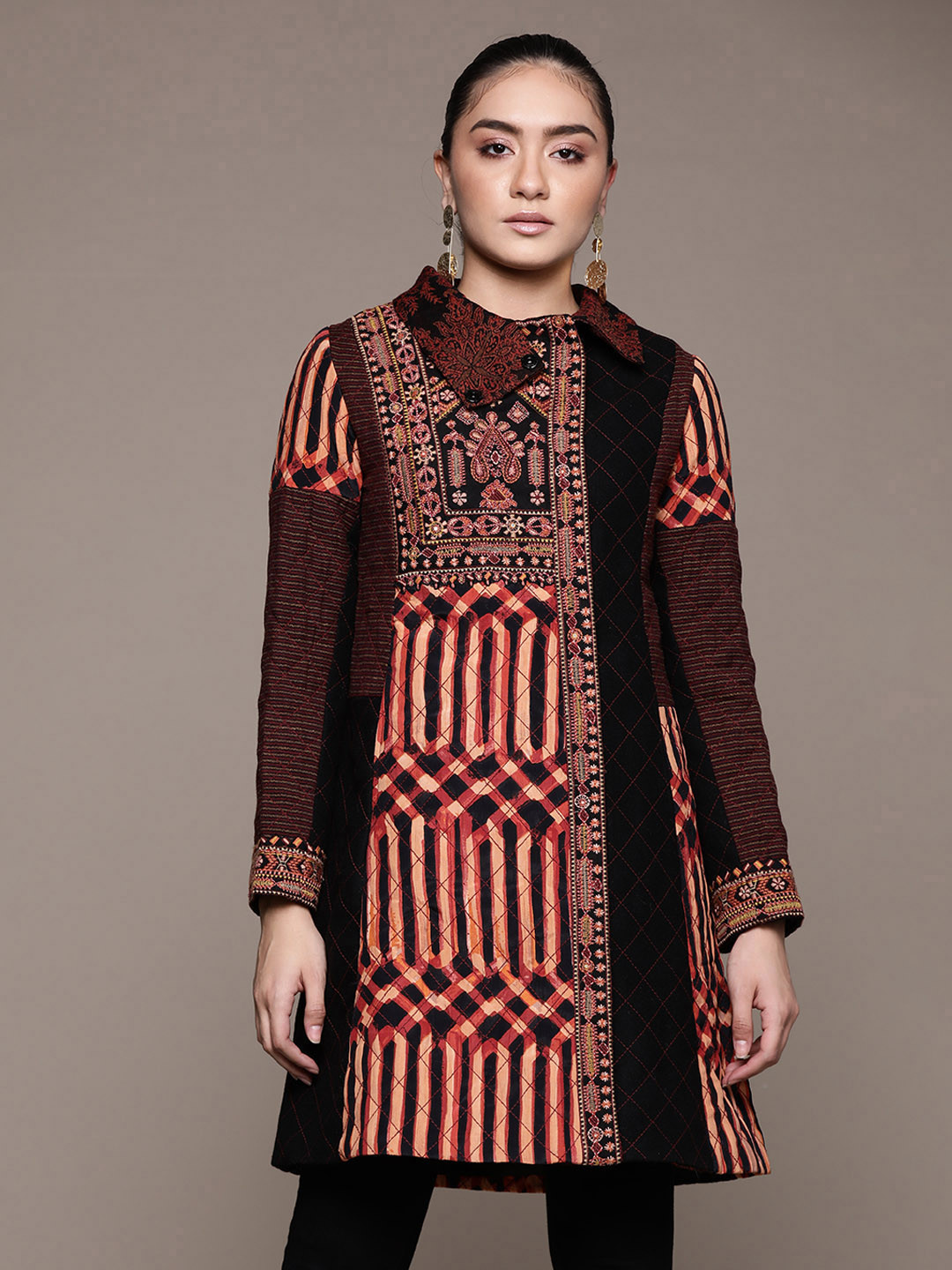 Ritu Kumar Geometric Asymmetric Closure Longline Tailored Jacket with Embroidered
