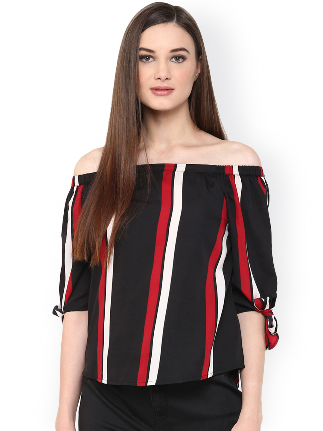 Harpa Women Black & Red Striped Off-Shoulder Top