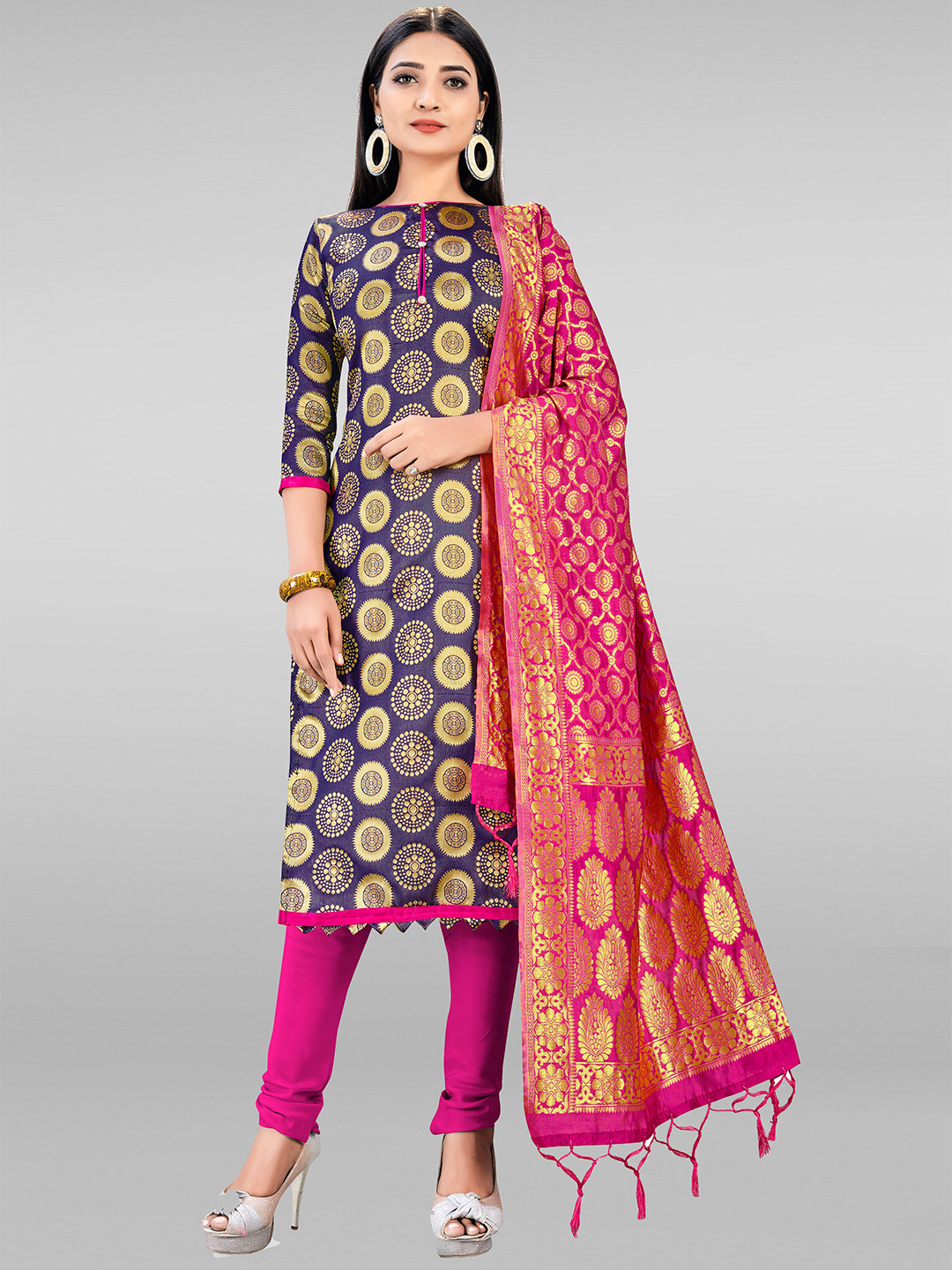 Mitera Women Navy Blue & Magenta Unstitched Dress Material