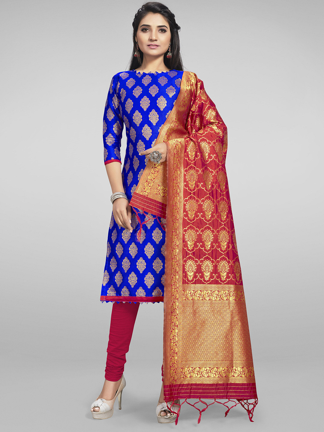 Mitera Blue & Red Unstitched Dress Material