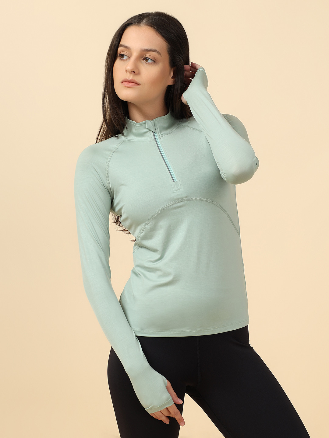 Fitkin Women Green High Neck Training or Gym T-shirt