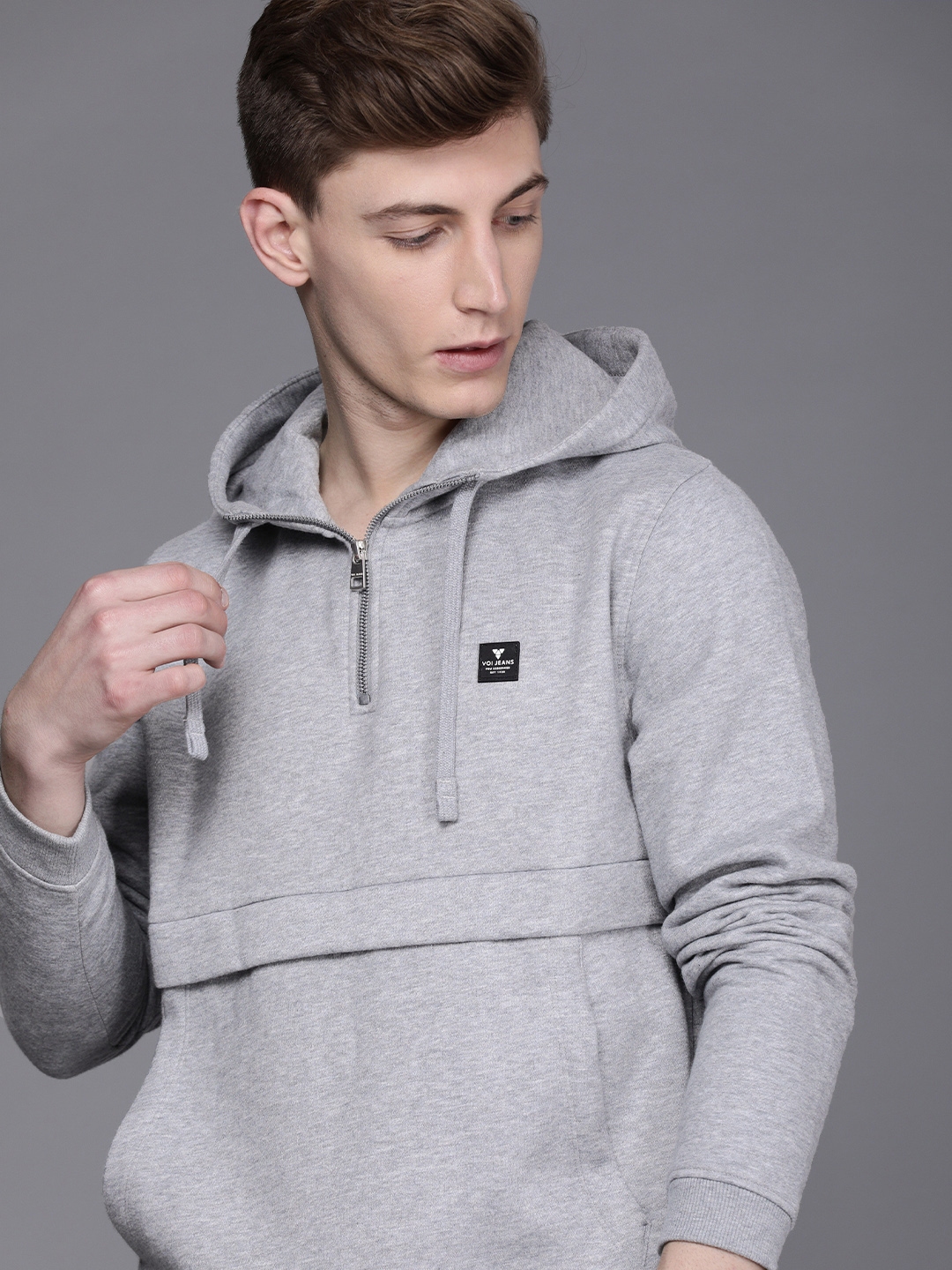 Buy Voi Jeans Men Grey Melange Solid Hooded Half Zipper Sweatshirt Sweatshirts for Men 16287382 Myntra