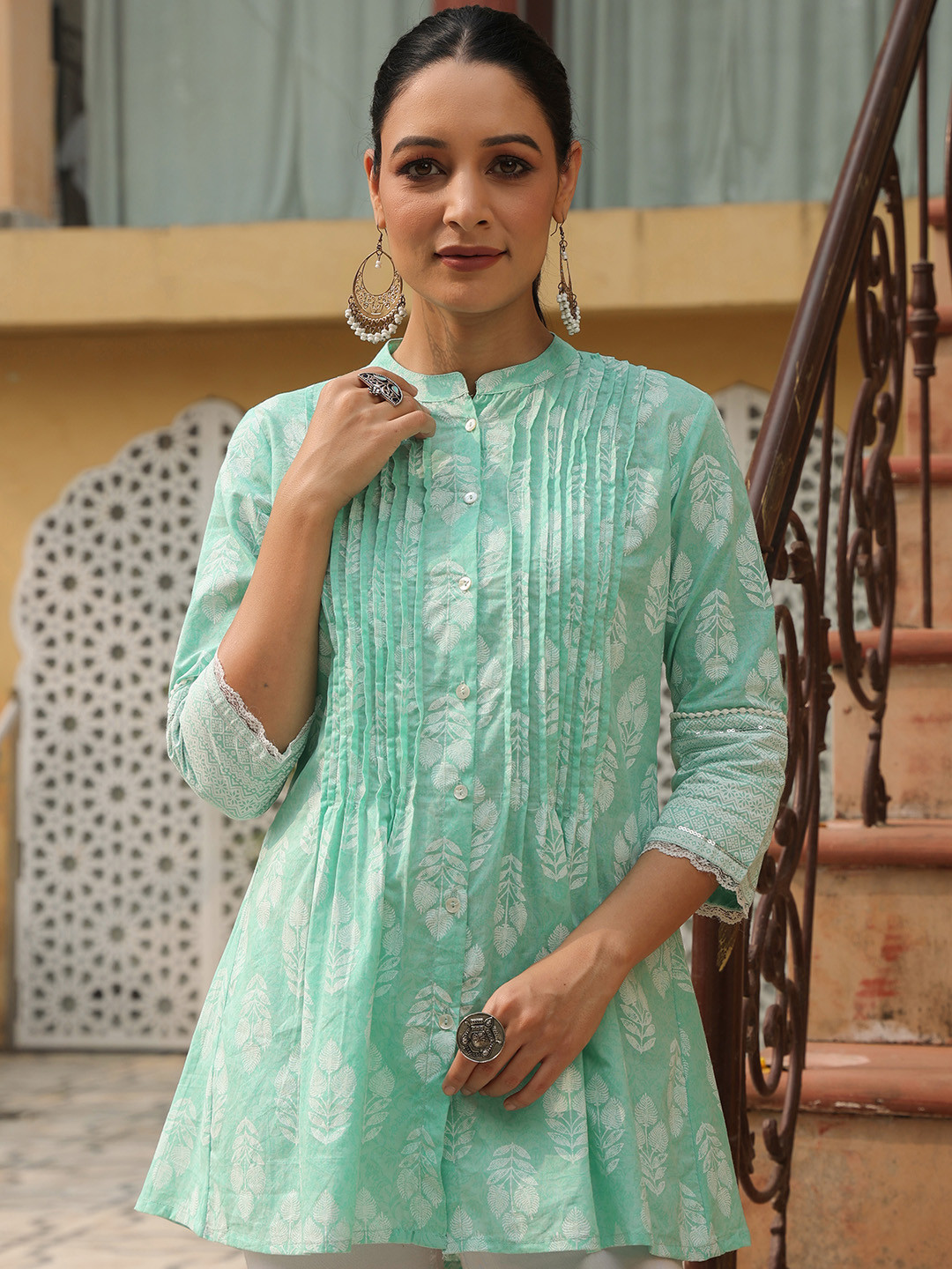 Juniper Green Mandarin Collar Printed Tunic