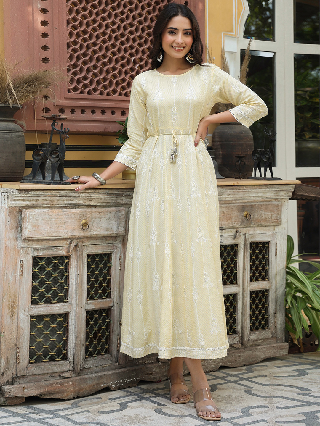 Juniper Yellow & White Ethnic Motifs Printed Liva Anarkali Dress