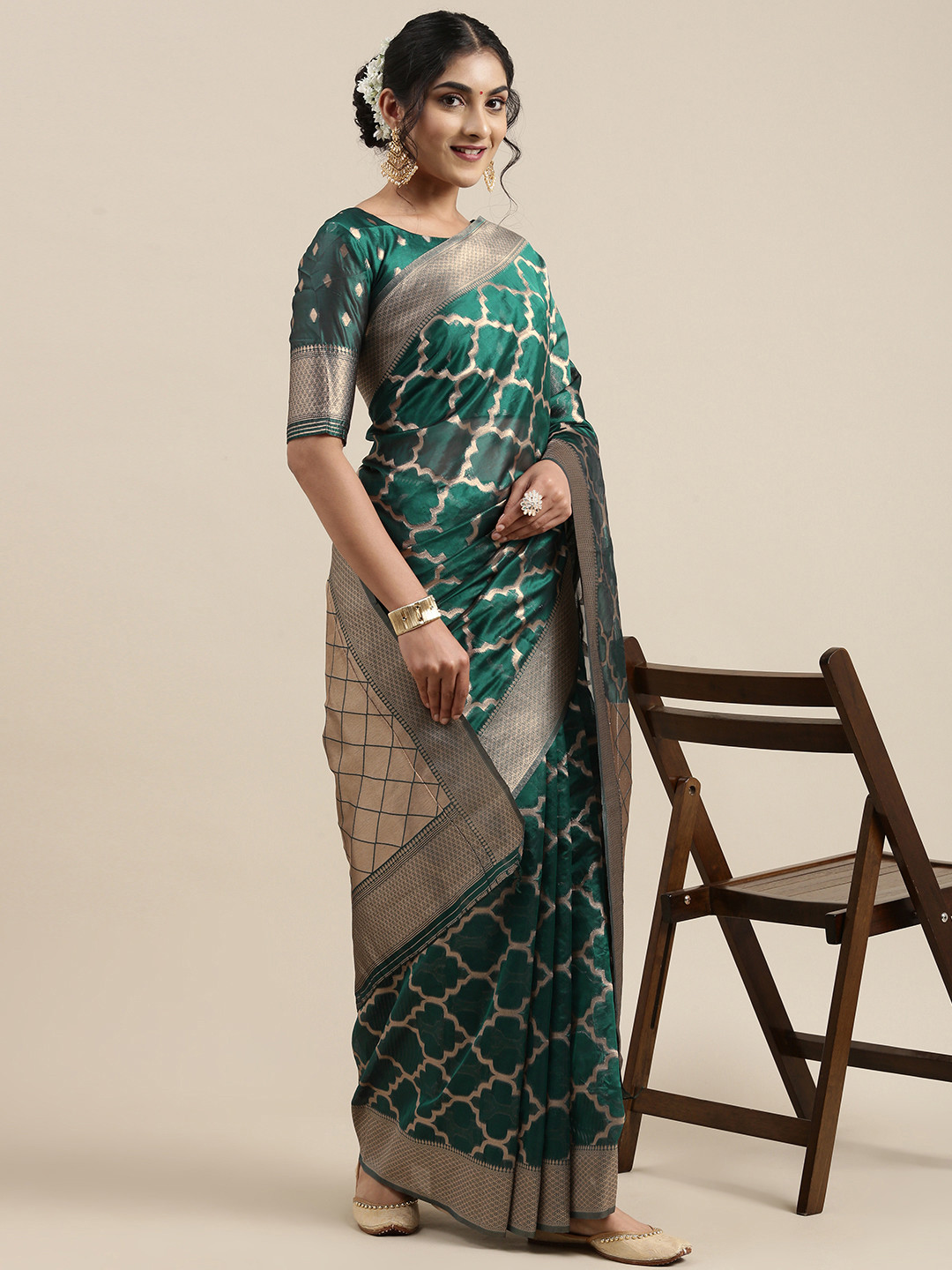 Saree mall Teal Green Organza Banarasi Saree