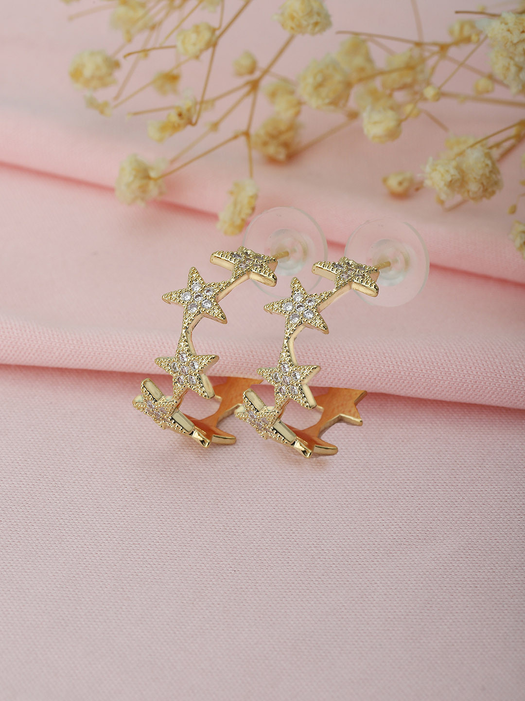 Carlton London Gold-Plated CZ-Studded Handcrafted Crescent Shaped Half Hoops