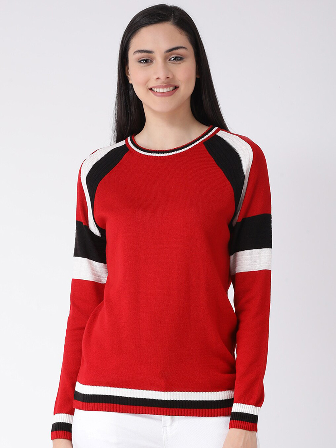 Club York Women Red & Black Colourblocked Acrylic Pullover Sweater