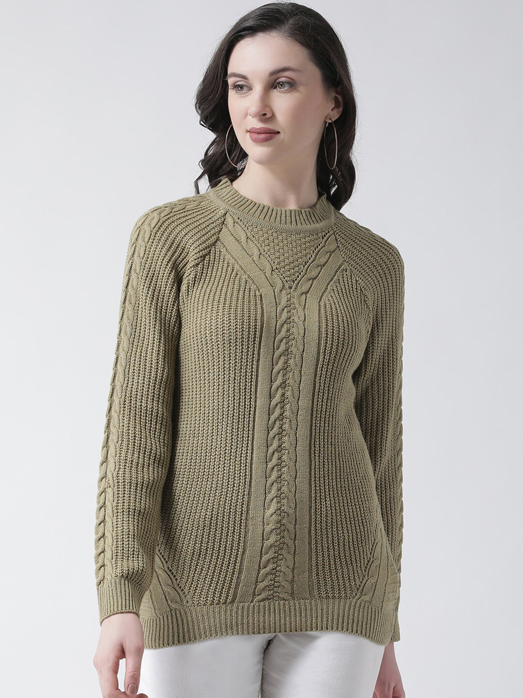 Club York Women Olive Green Cable Knit Acrylic Pullover