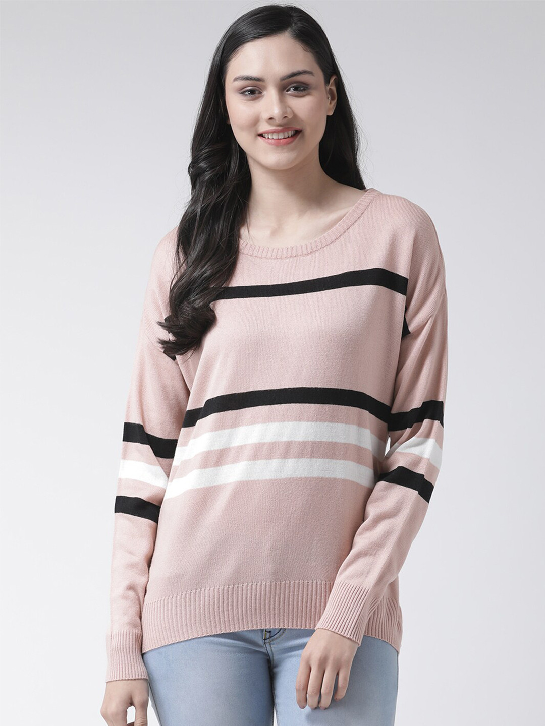 Club York Women Pink & Black Striped Pullover