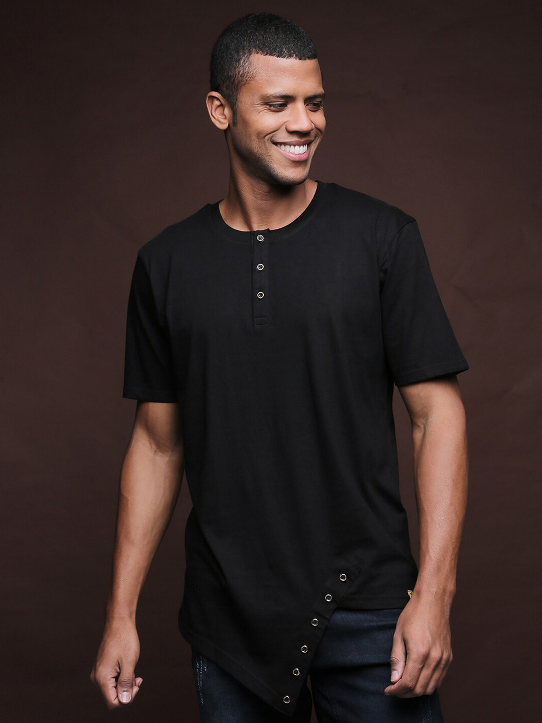 Campus Sutra Men Black Henley Neck Outdoor T-shirt