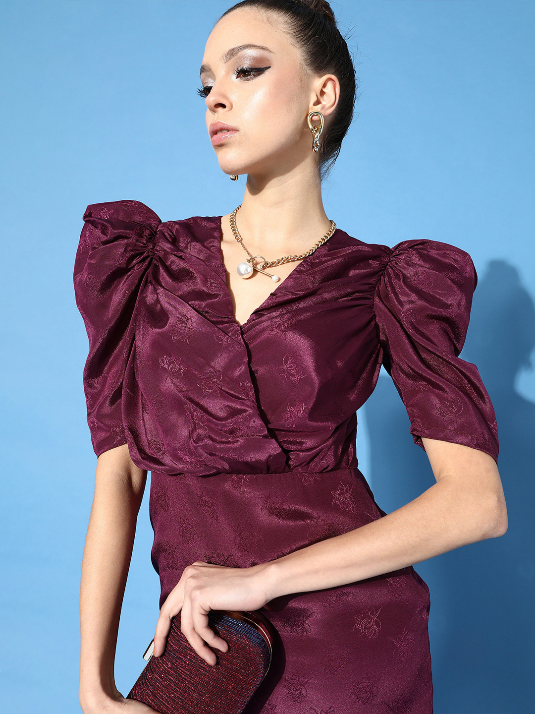 Cation Women Deep Burgundy Floral Jacquard Dress