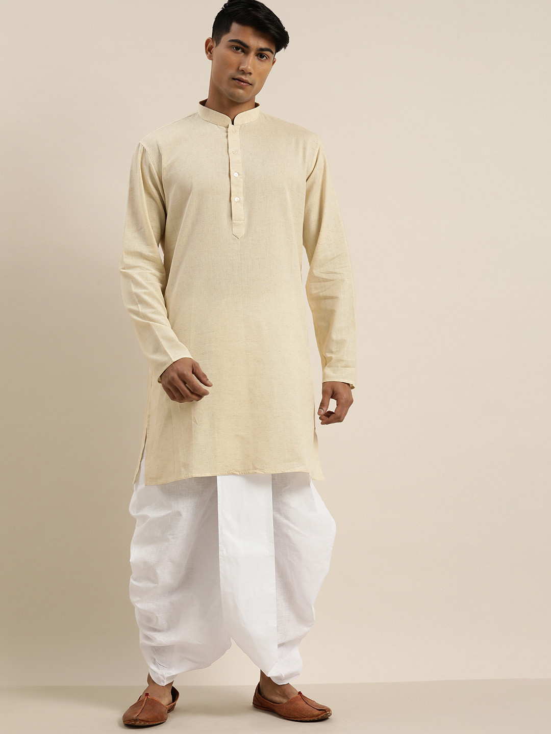 VASTRAMAY Men Beige Pure Cotton Kurta with Dhoti Pants