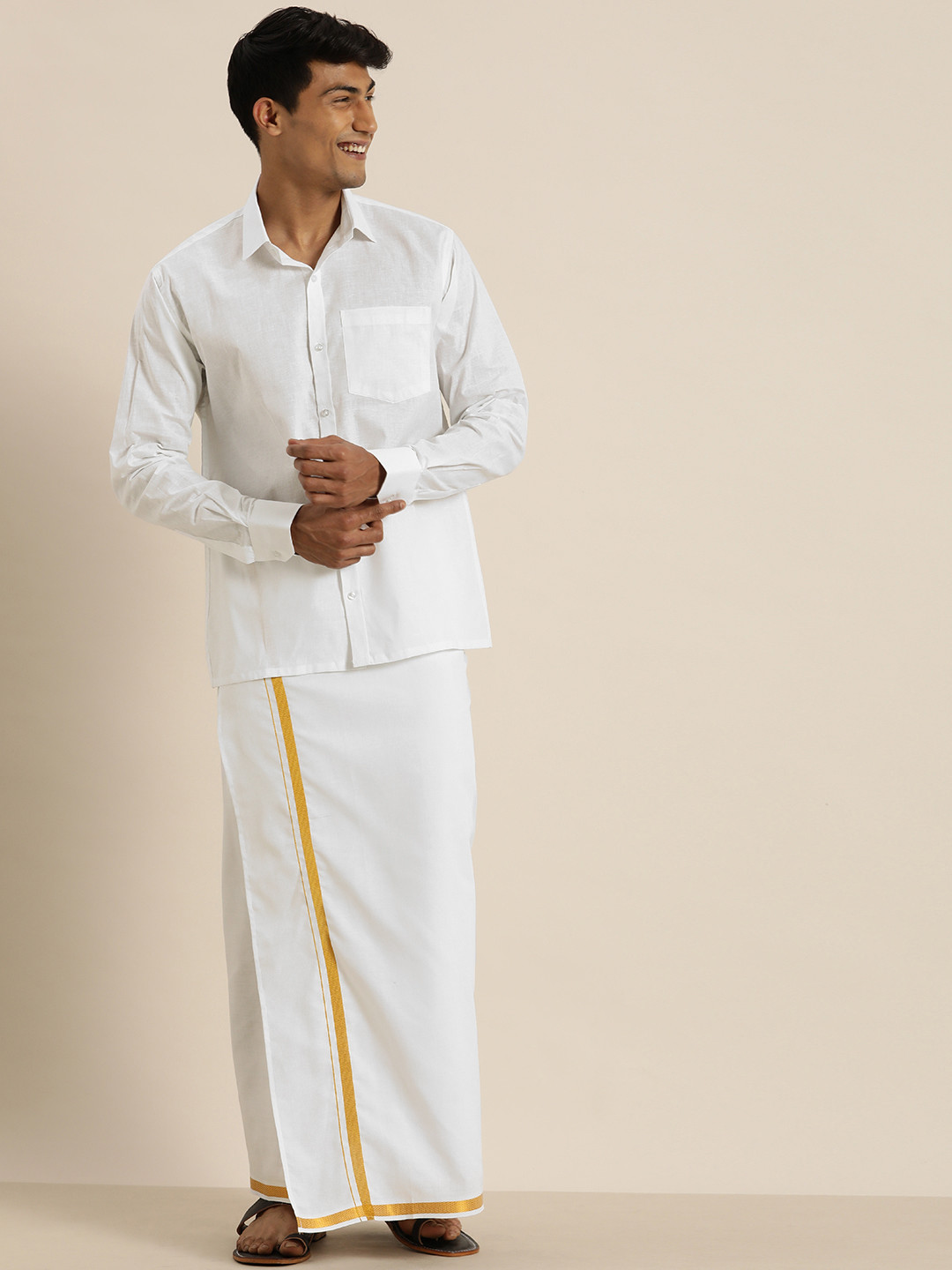 VASTRAMAY Men White & White Shirt with Dhoti