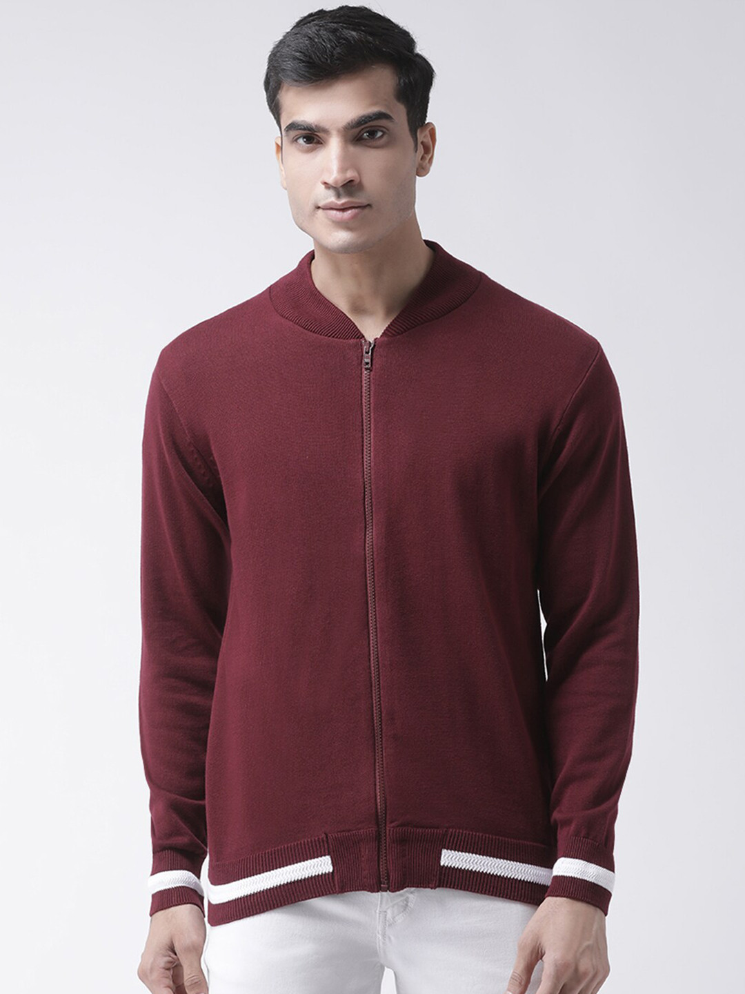 Club York Men Maroon & White Front-Open Acrylic Sweater
