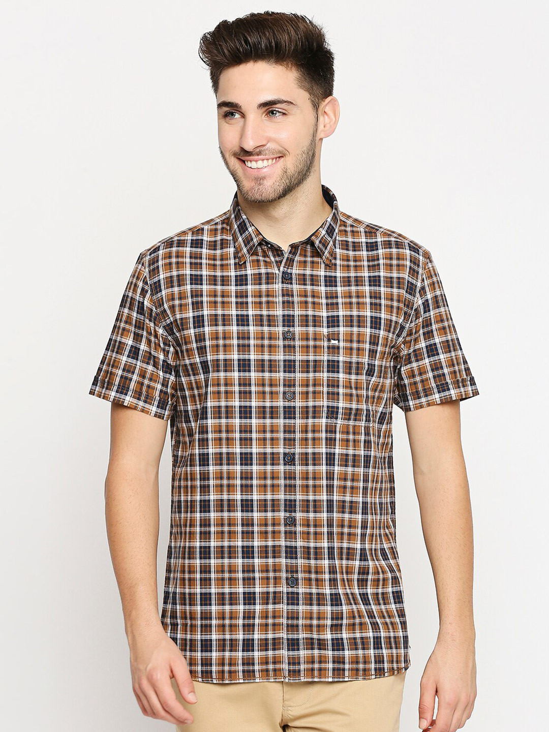 Basics Men Brown Slim Fit Tartan Checks Checked Casual Shirt