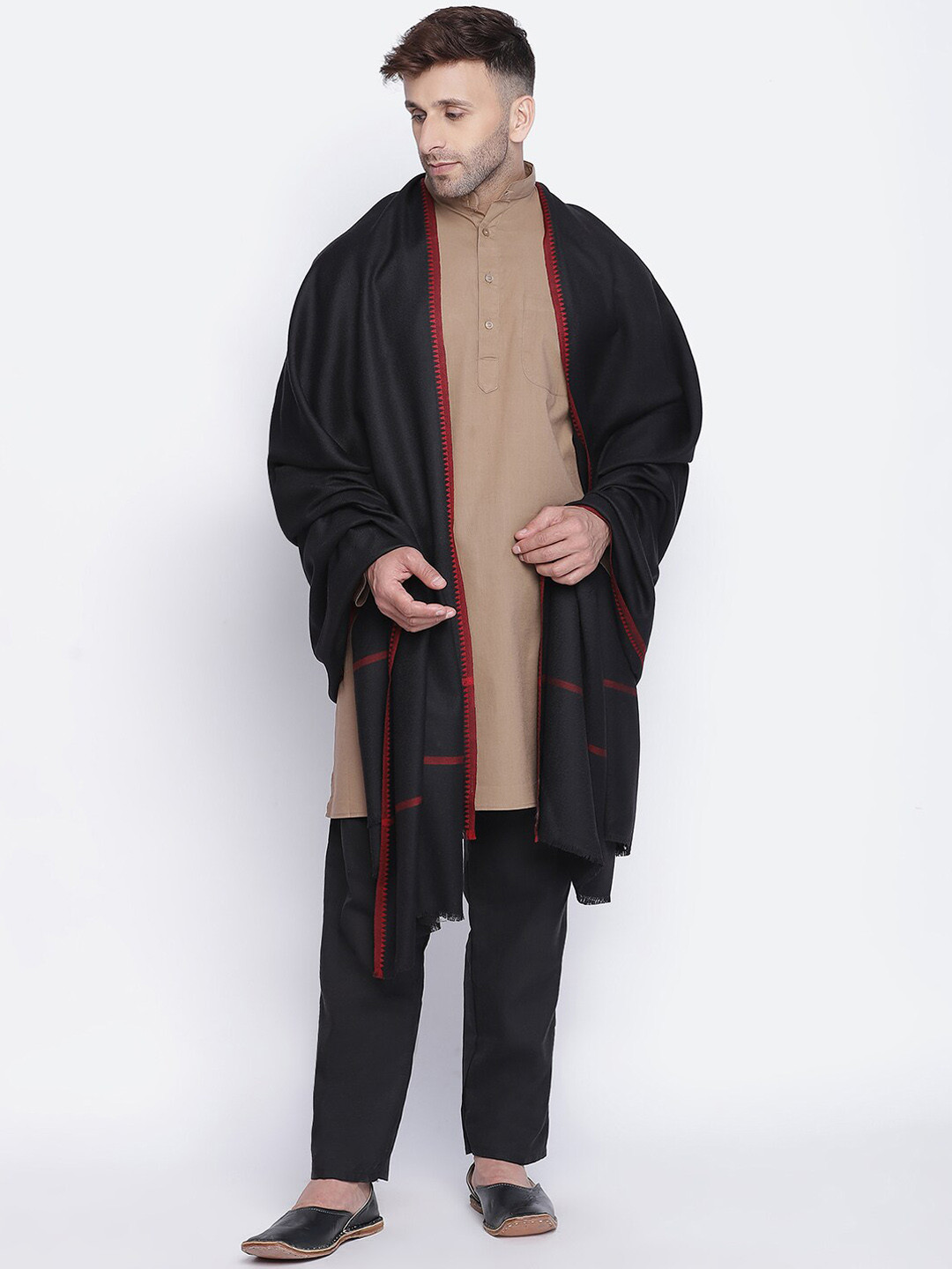 SHINGORA Men Black & Red Solid Pure Woolen Shawl
