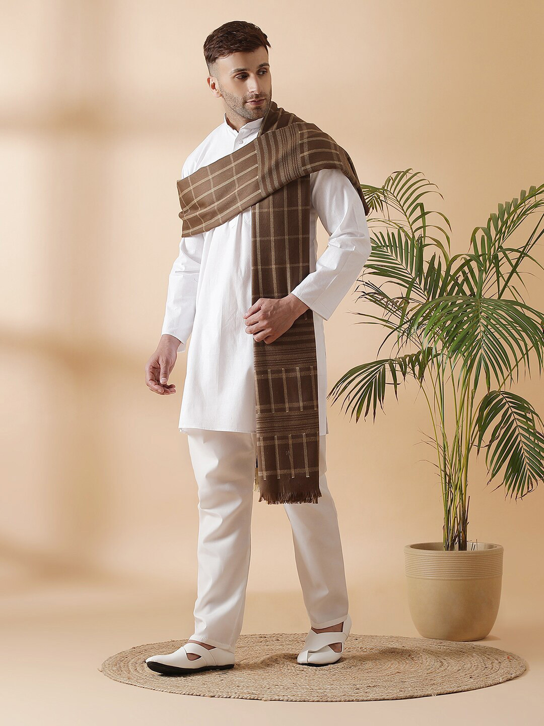 SHINGORA Men Beige & Brown Woven-Design Pure Woolen Shawl