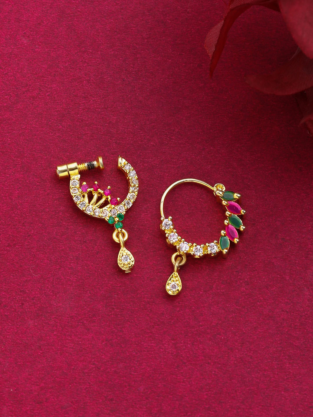 Yellow Chimes Set Of 2 Gold-Plated White & Pink AD-Studded Nose Pins